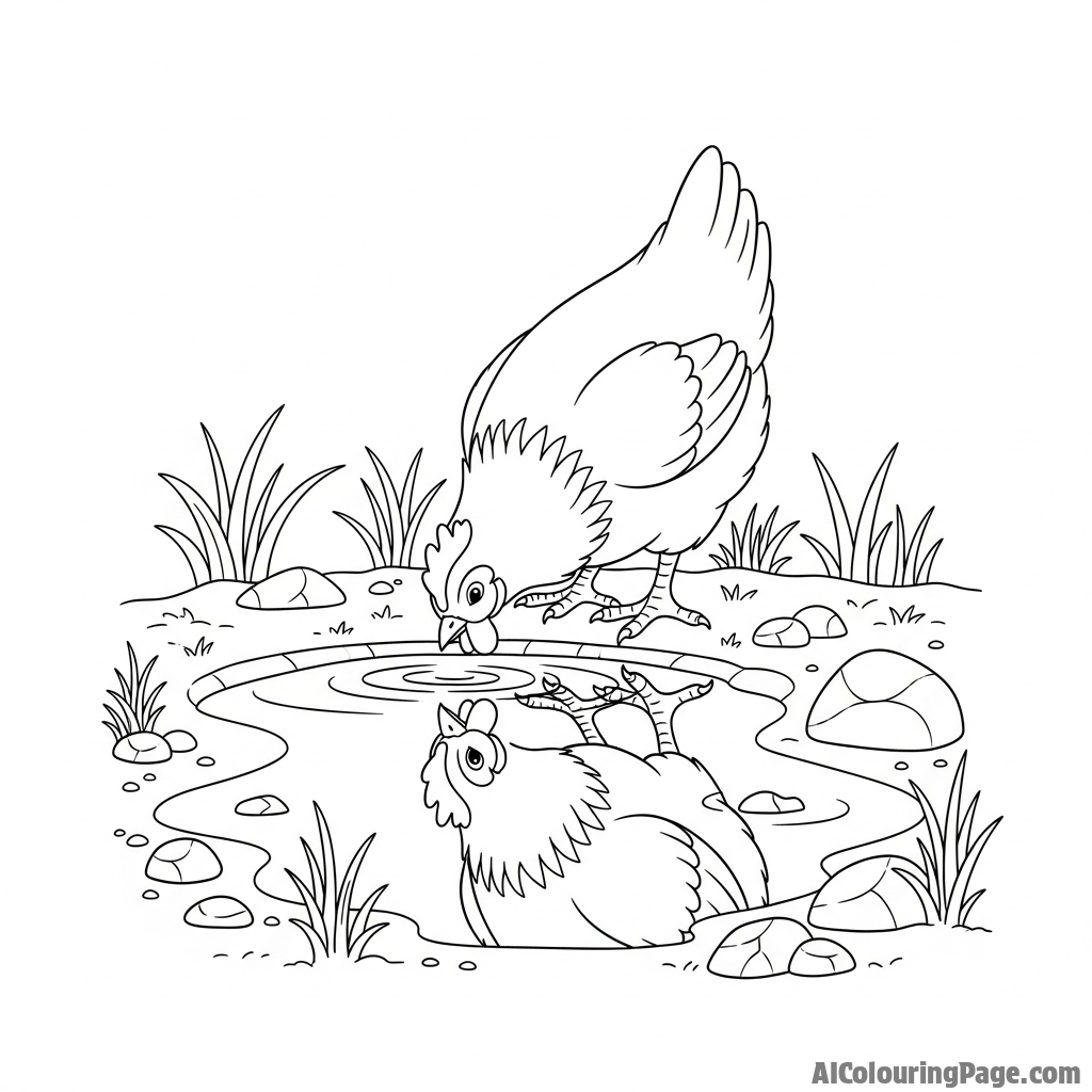 A chicken drinking water from a puddle, its reflection visible.