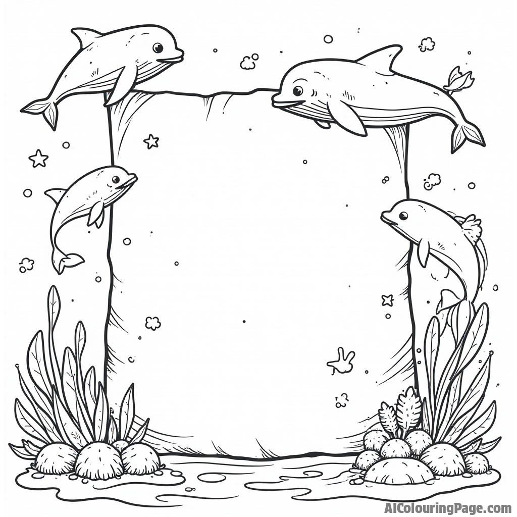 A treasure map floating on the ocean surface with a friendly whale and playful dolphins circling around, inviting young adventurers to color this exciting underwater journey.