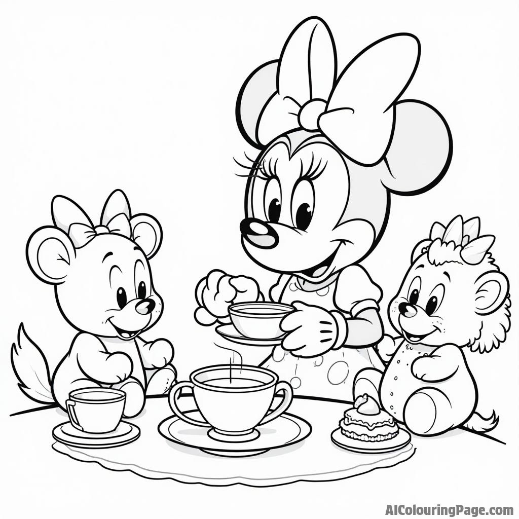 Minnie Mouse enjoying a tea party with her stuffed animals, complete with a tea set and delicious treats.