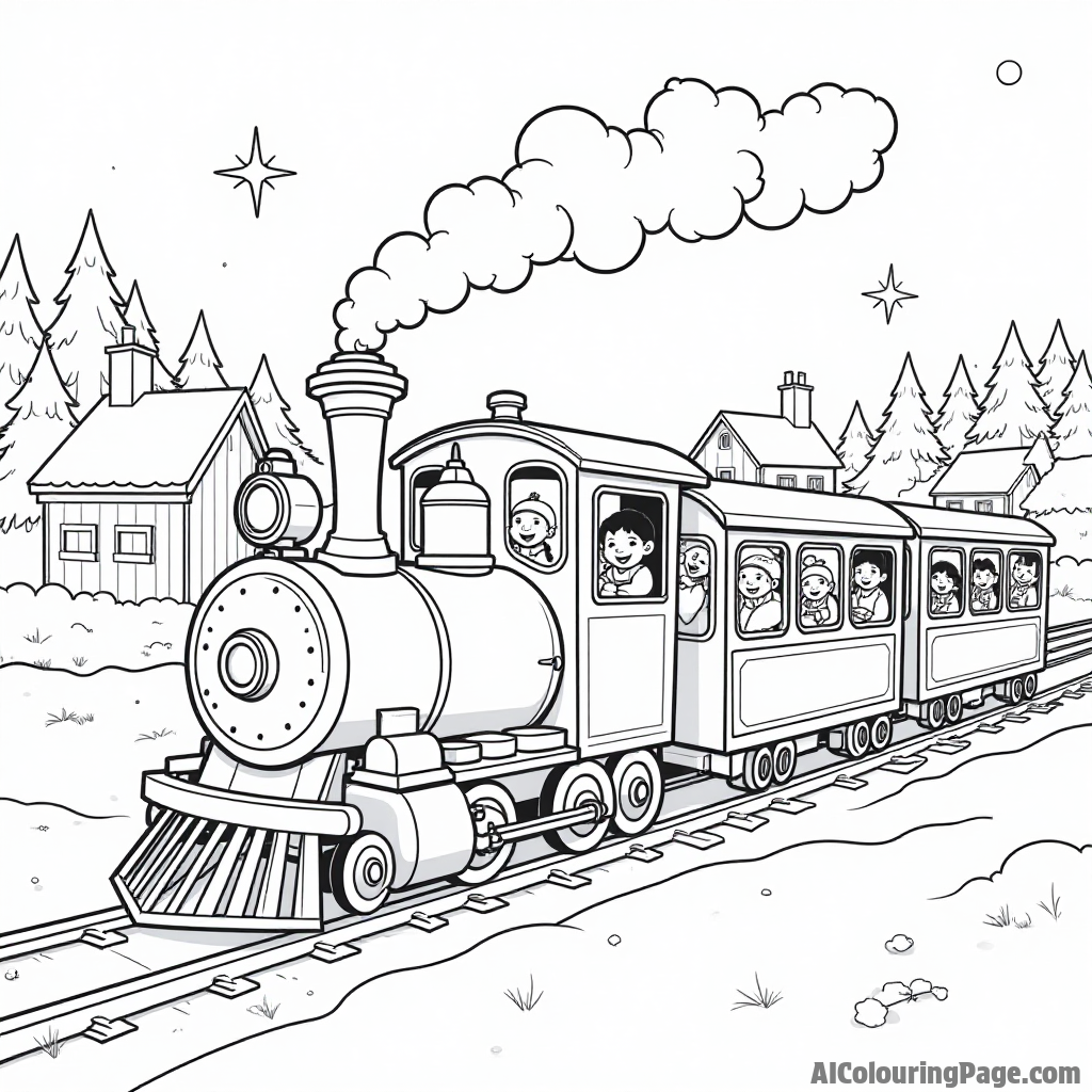 A whimsical winter train traveling through a snowy village, with smoke puffing from the locomotive and happy passengers.