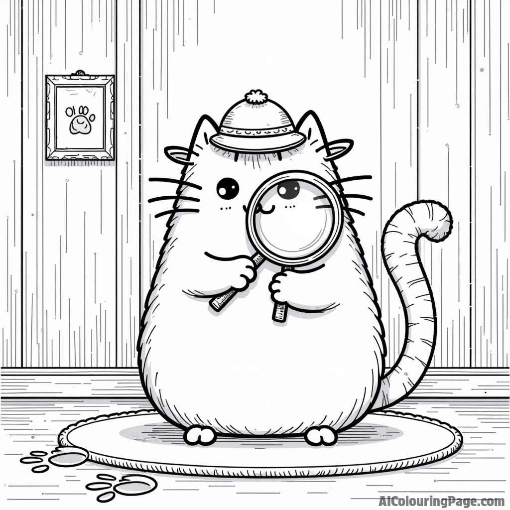 Pusheen as a detective with a magnifying glass examining paw prints on a mysterious case in a secret room