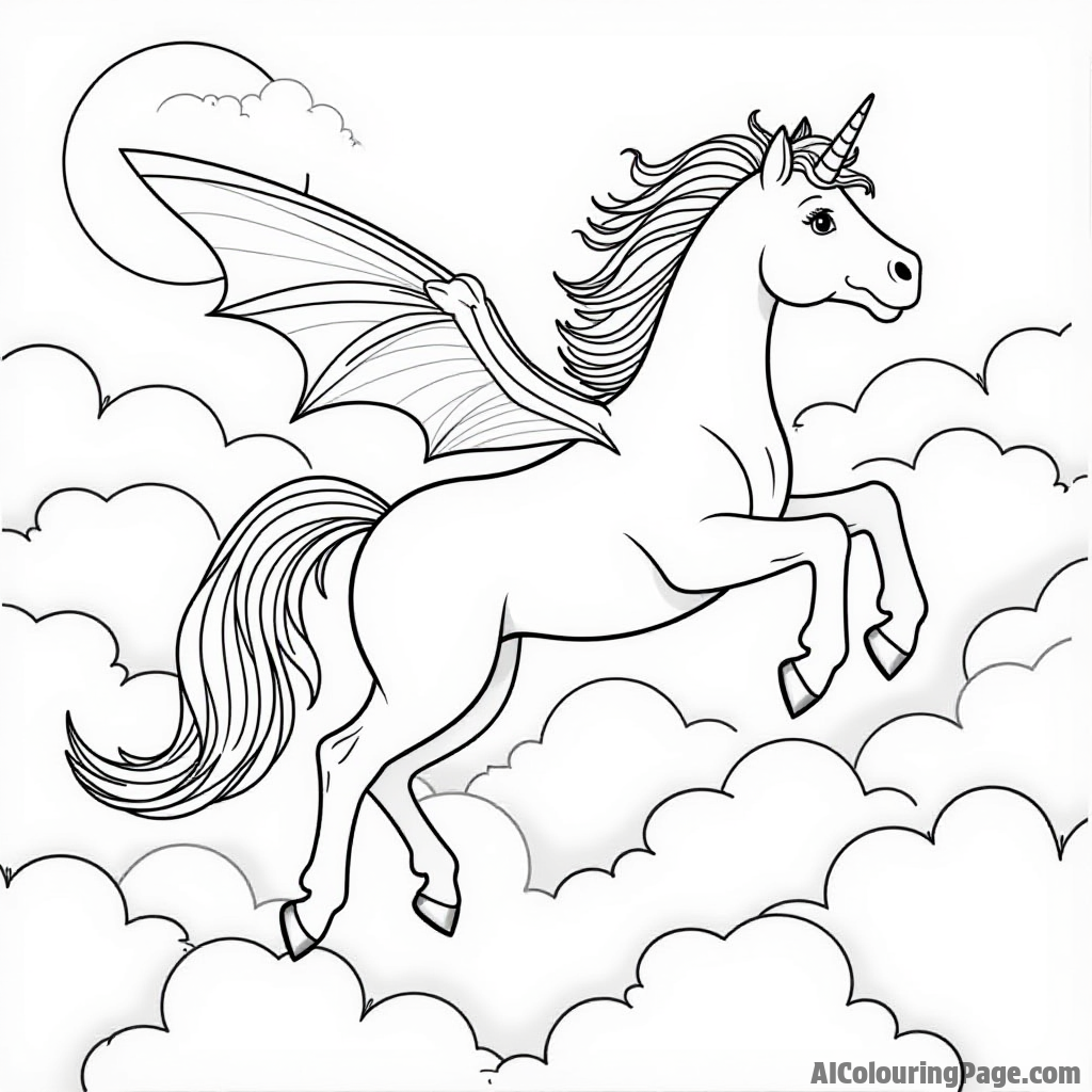 A pony and a friendly dragon soaring high above the clouds with a bright sun shining in the background.