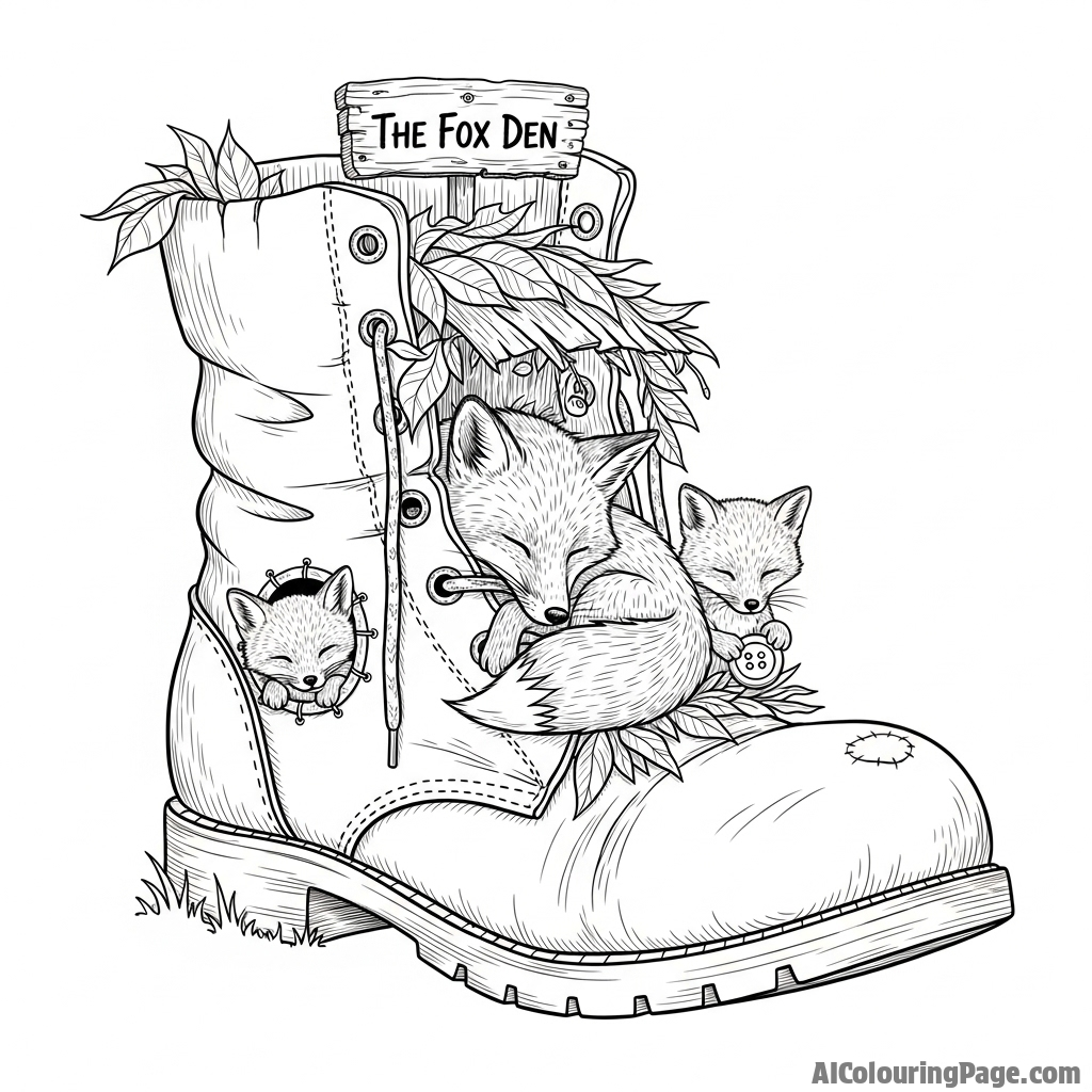 A fox family living inside a whimsical, hollowed-out giant boot.