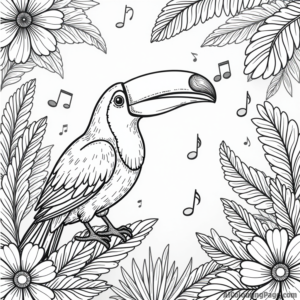 A toucan singing with musical notes floating around in a vibrant jungle filled with dancing flowers and friendly animals.