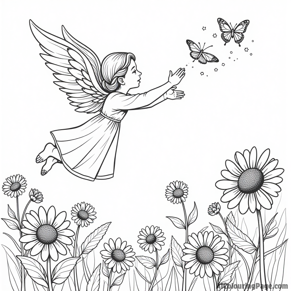 A celestial angel releasing butterflies into the air above a field of daisies and sunflowers for kids to color.