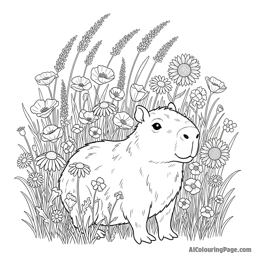 A capybara in a field of tall, swaying wildflowers.