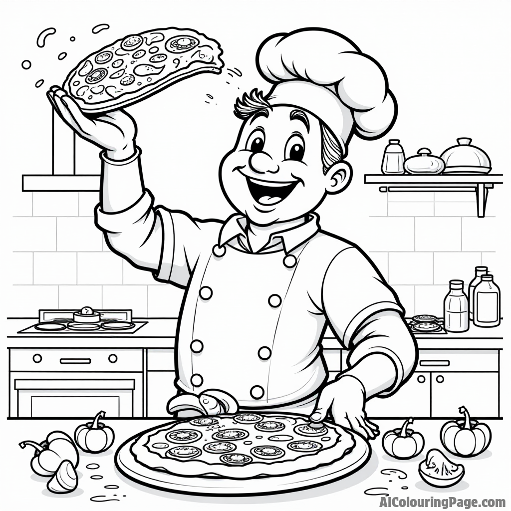 A cheerful pizza chef tossing dough high in the air, surrounded by colorful toppings like mushrooms and peppers, in a kitchen.