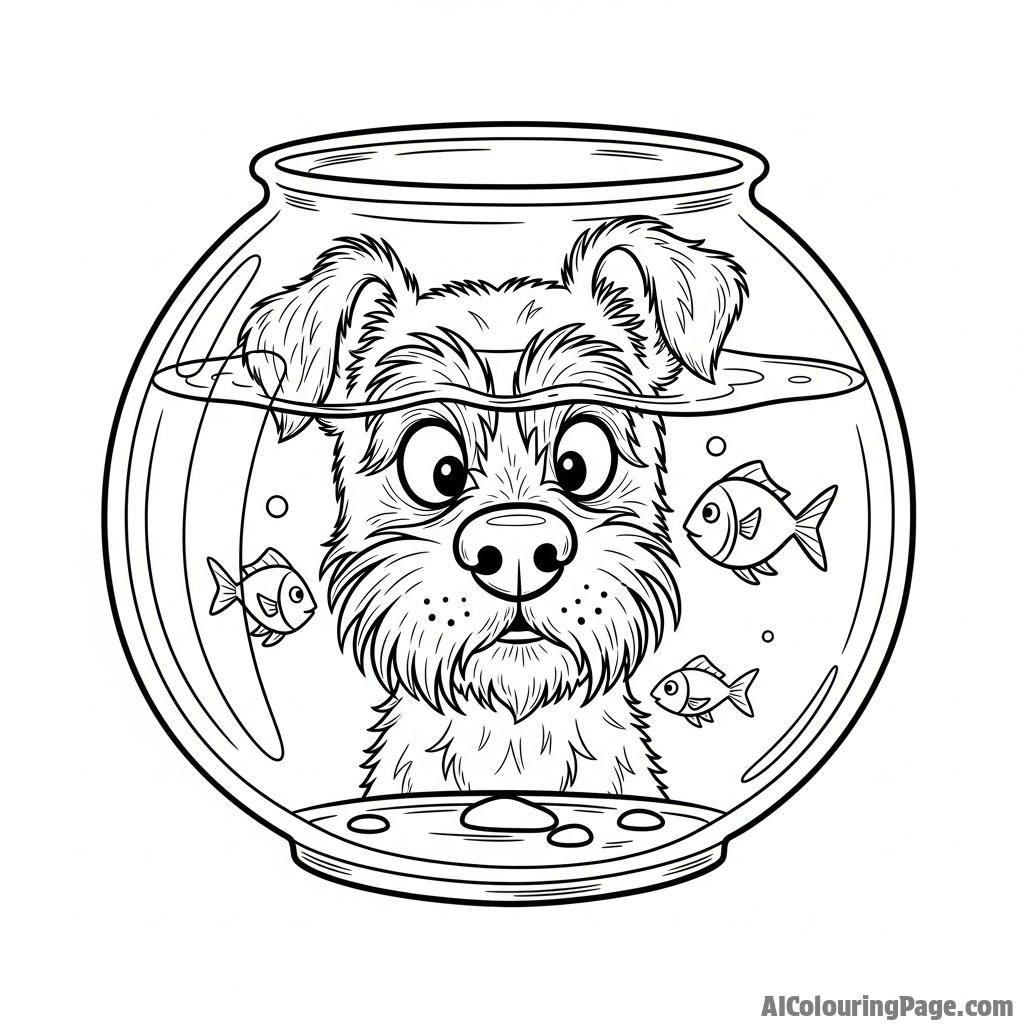 A dog's face seen through the distorted glass of a fishbowl.