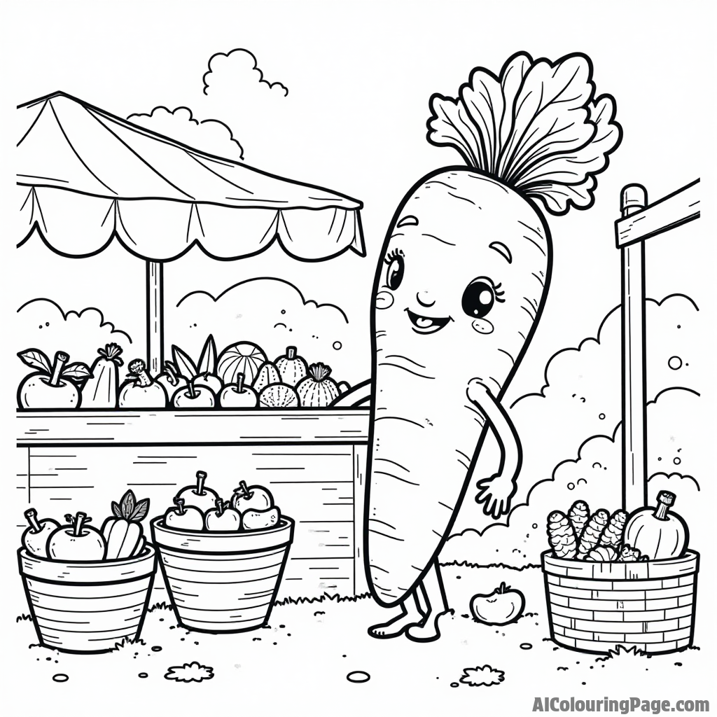 A curious carrot exploring a colorful vegetable market, with various fruits and veggies arranged in baskets around it.