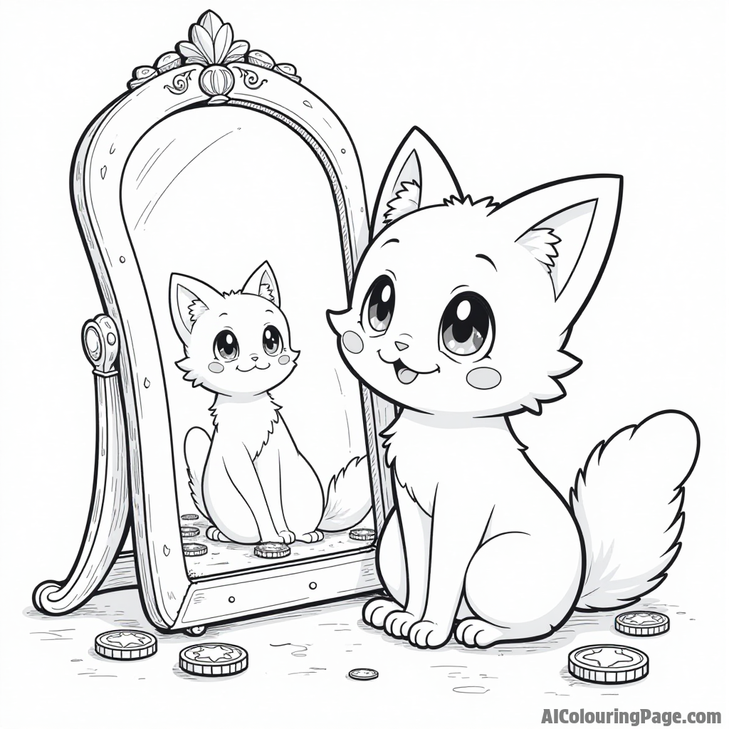 A cheerful Meowth looking into a mirror, surrounded by shiny coins and a sparkling treasure chest behind.