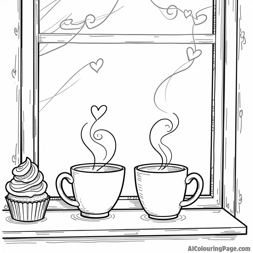 A cozy coffee shop with heart-shaped cupcakes and two steaming mugs sitting at a window for a Valentine’s Day vibe