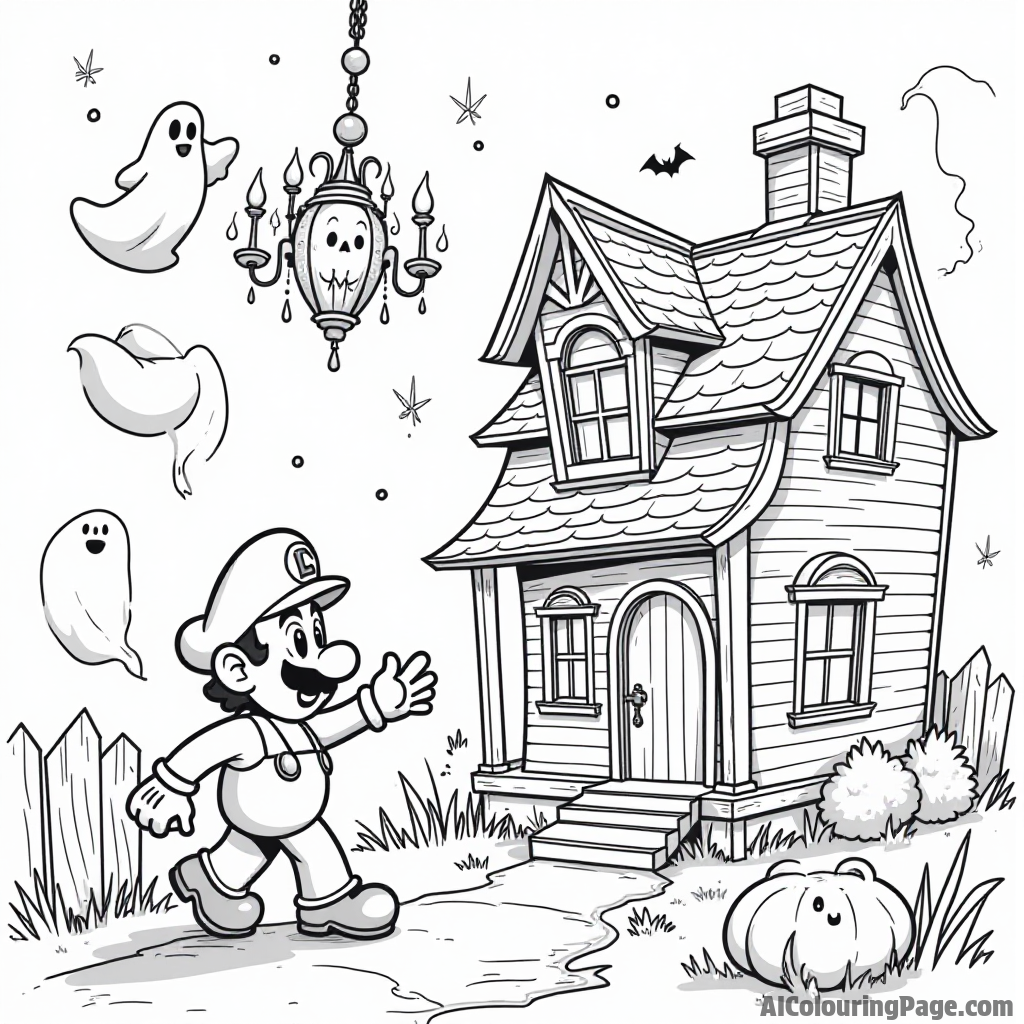 Luigi exploring a spooky haunted house with ghosts floating around and a flickering chandelier.