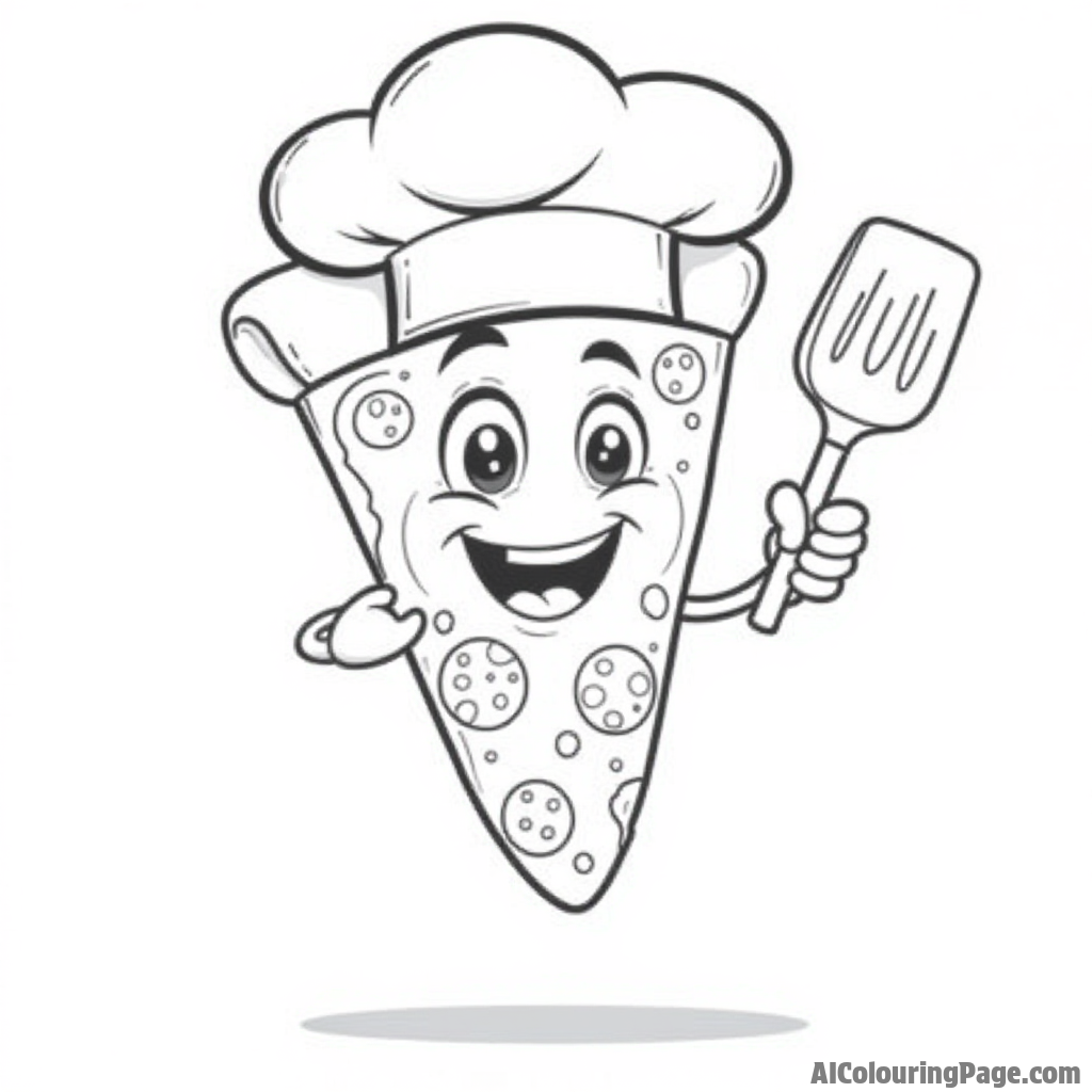 A whimsical pizza slice character wearing a chef hat, holding a spatula, with a big smile and toppings on it.