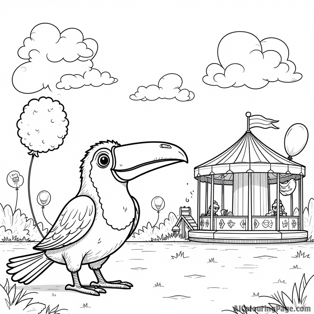 A toucan having fun at a carnival with balloons, cotton candy, and rides in a playful tropical atmosphere for kids.