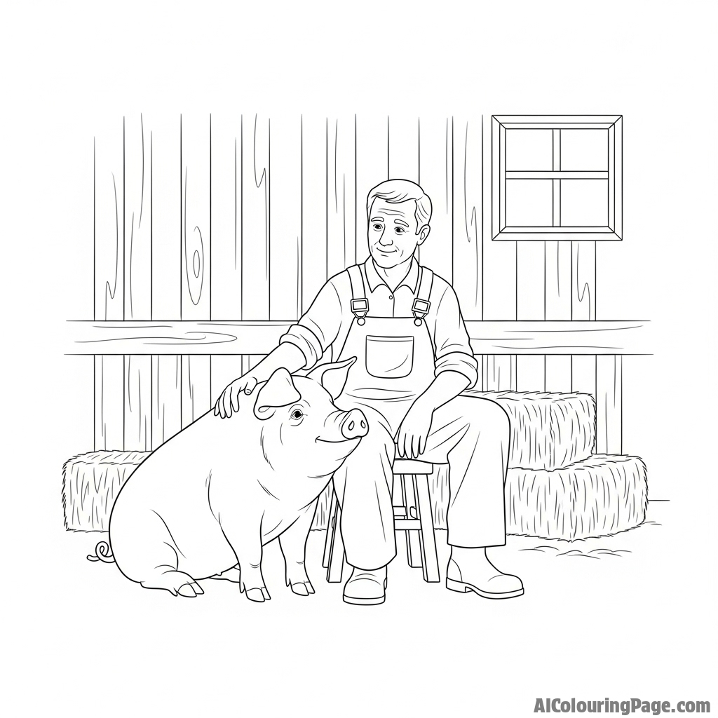 A pig farmer and a pig sharing a moment of quiet understanding in a rustic barn.