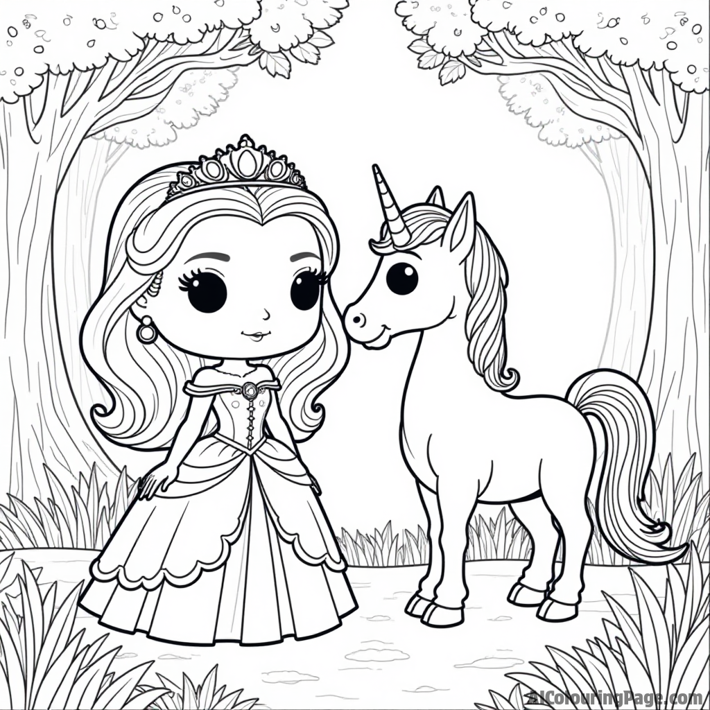 A Funko Pop version of a princess in a beautiful gown, standing beside a friendly unicorn in an enchanted forest, creating a magical scene for kids to color and dream about.