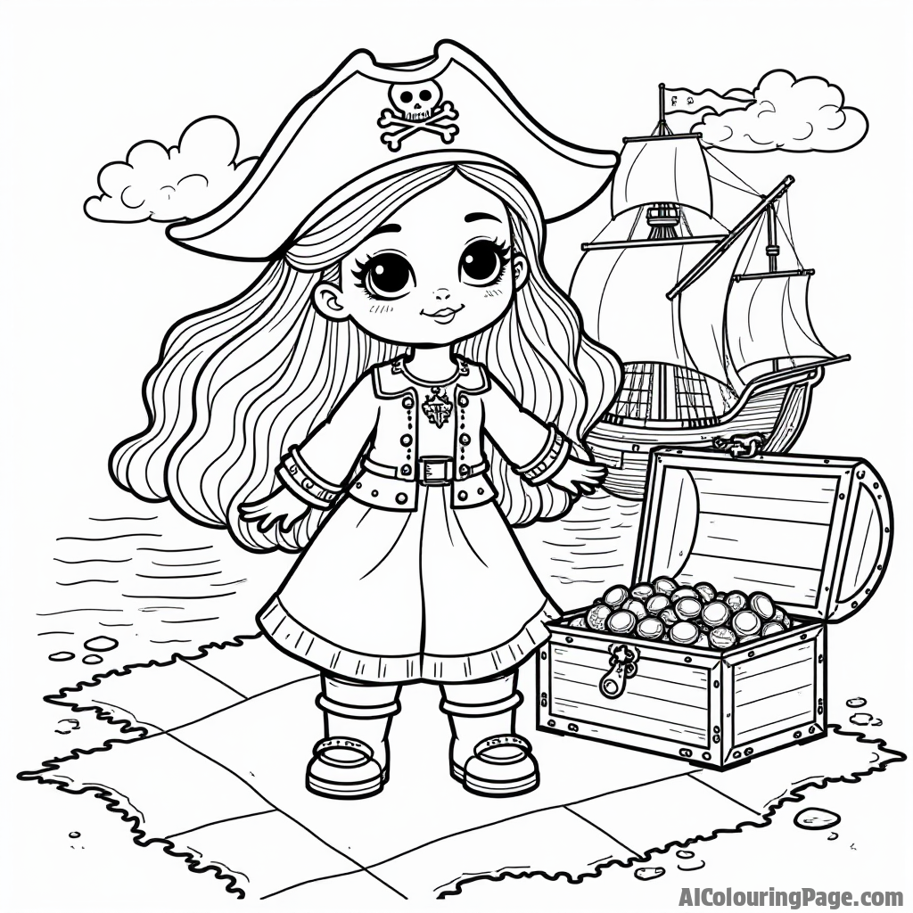 A pirate doll on a treasure map, with a pirate ship in the background and a chest full of jewels, inviting creativity in a coloring book.