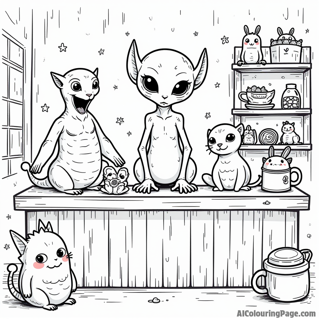 An alien pet shop filled with strange and adorable creatures, encouraging children to use their imagination while coloring.