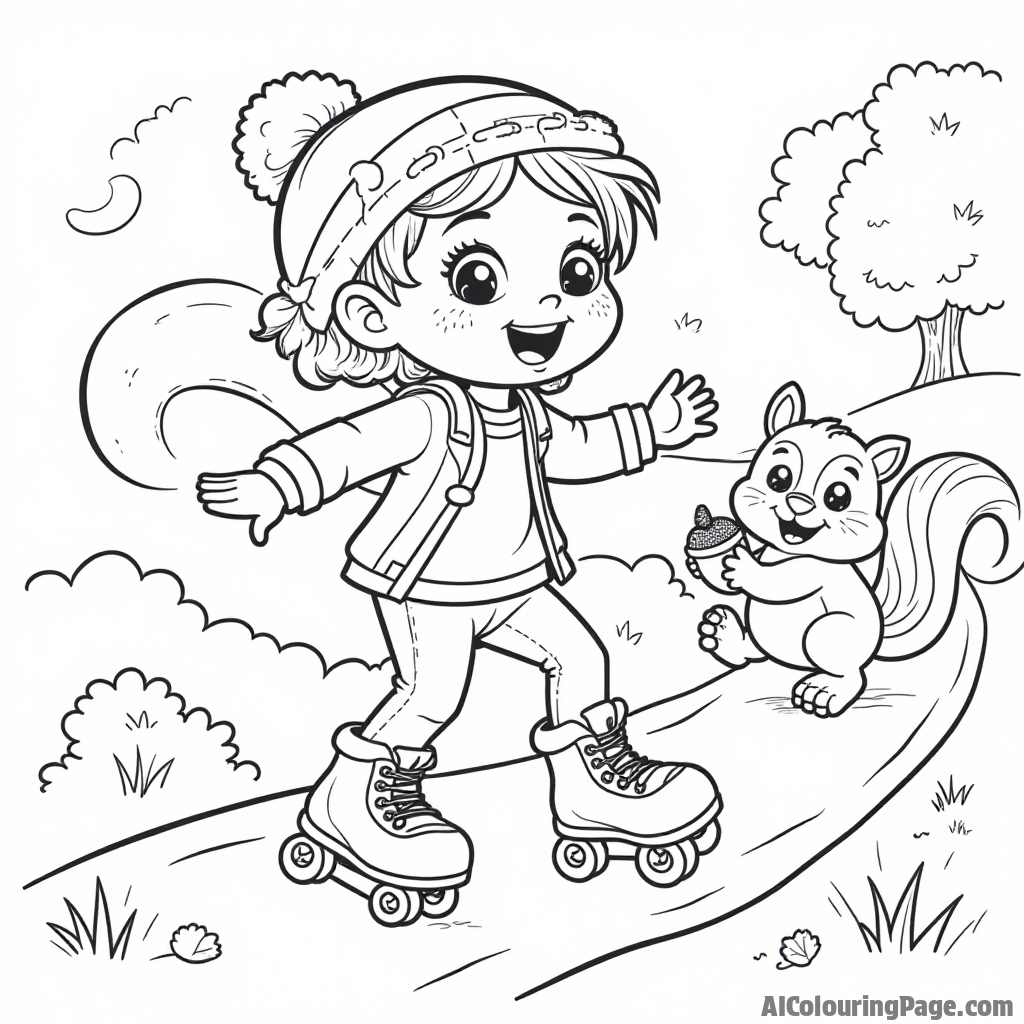 A cute cartoon character roller-skating on a winding path, with oversized shoes and a playful smile, alongside a friendly squirrel holding an acorn, perfect for kids to color.