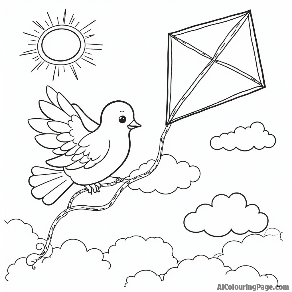 A dove resting on a colorful kite flying in the sky, surrounded by fluffy clouds and sunshine for kids to color.