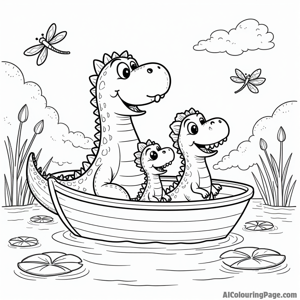 A happy dinosaur family enjoying a boat ride on a serene lake with lily pads and dragonflies buzzing around.