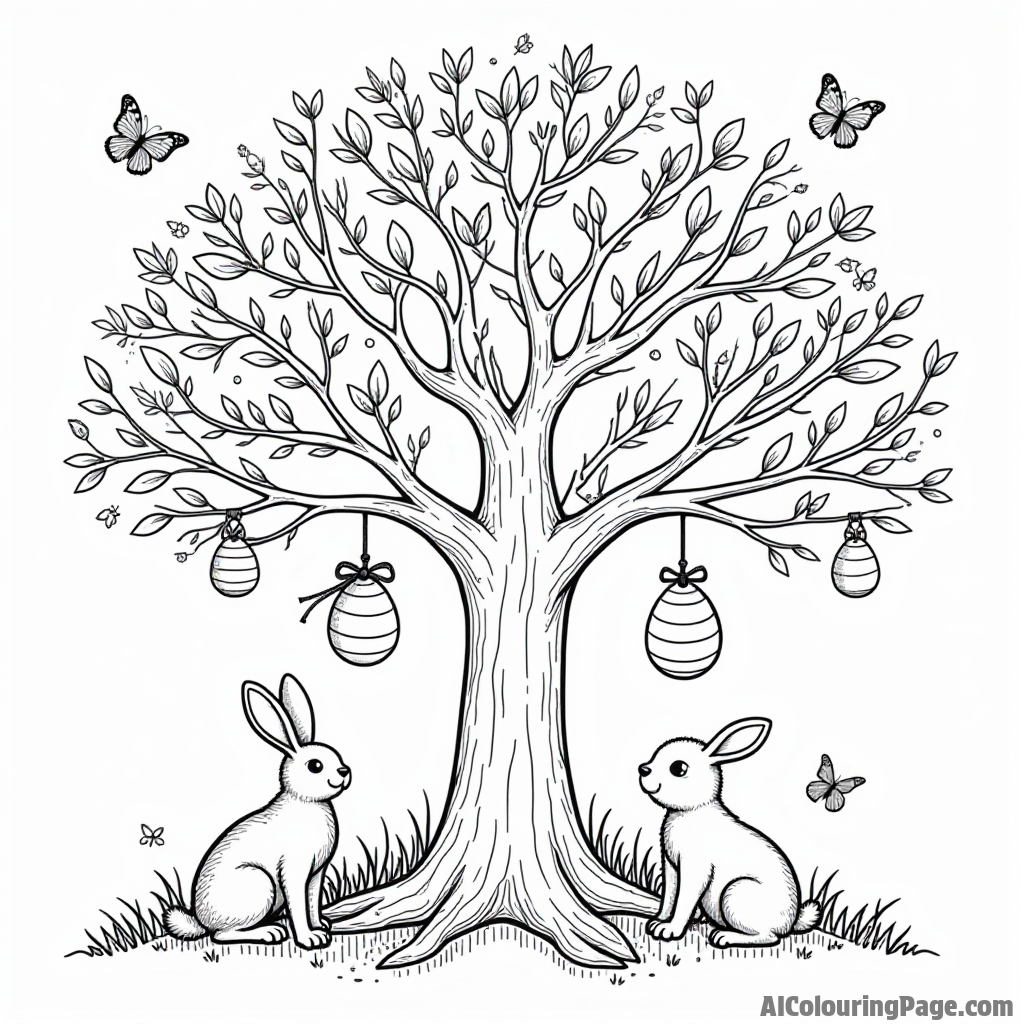 A magical tree adorned with hanging Easter eggs and ribbons, surrounded by fluttering butterflies and curious woodland creatures.