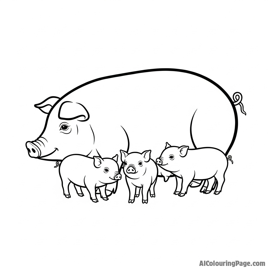 A Japanese ink wash painting (sumi-e) of a pig and its young.