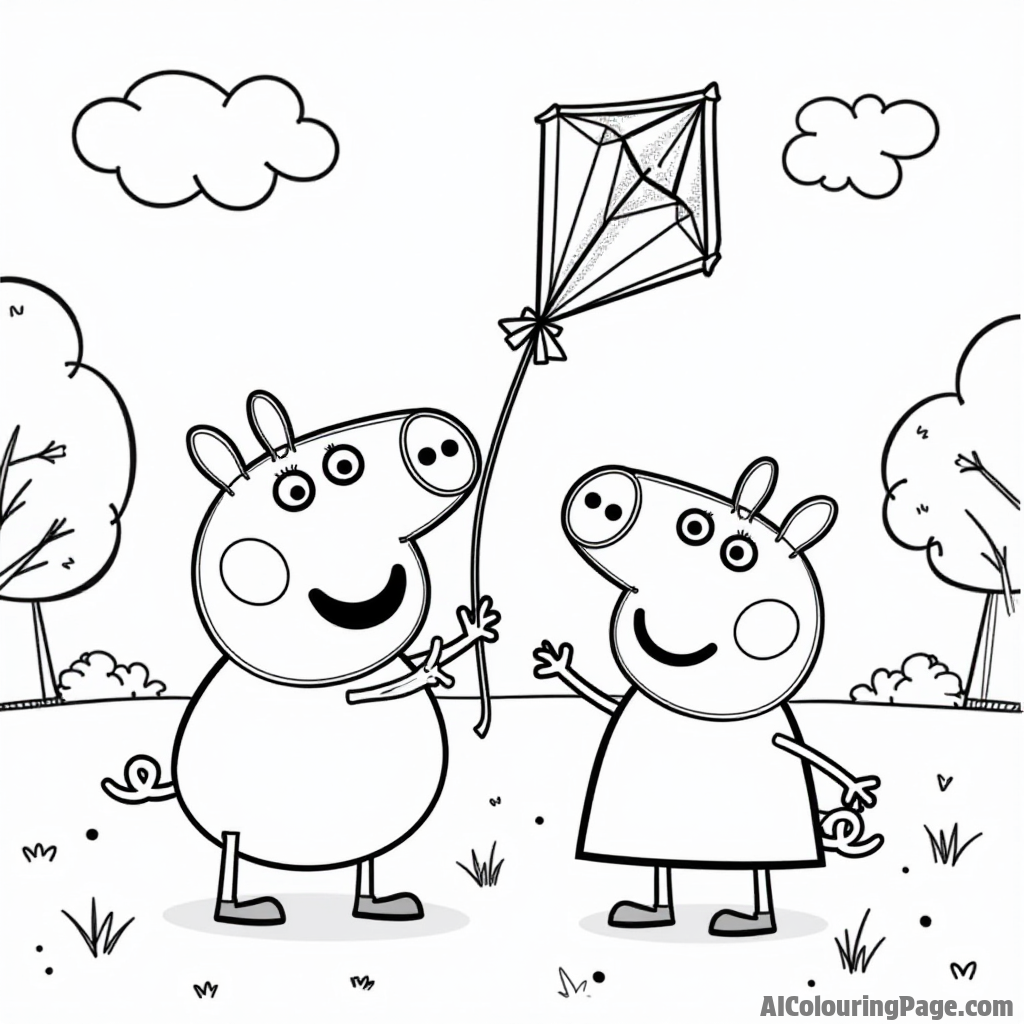 Peppa Pig flying a colorful kite with George Pig on a windy day, surrounded by trees and happy clouds above.