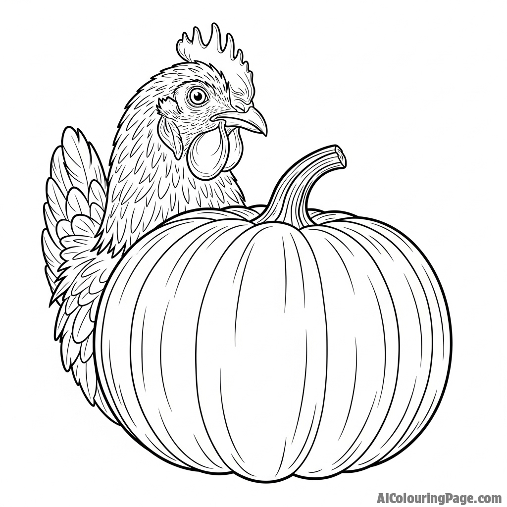 A chicken peering out from behind a large pumpkin.