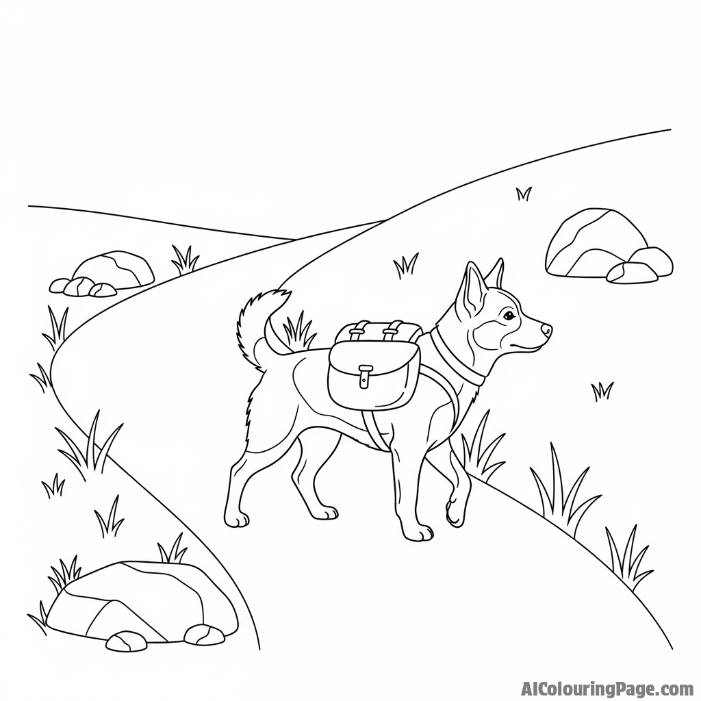 A dog wearing a tiny backpack on a hiking trail.