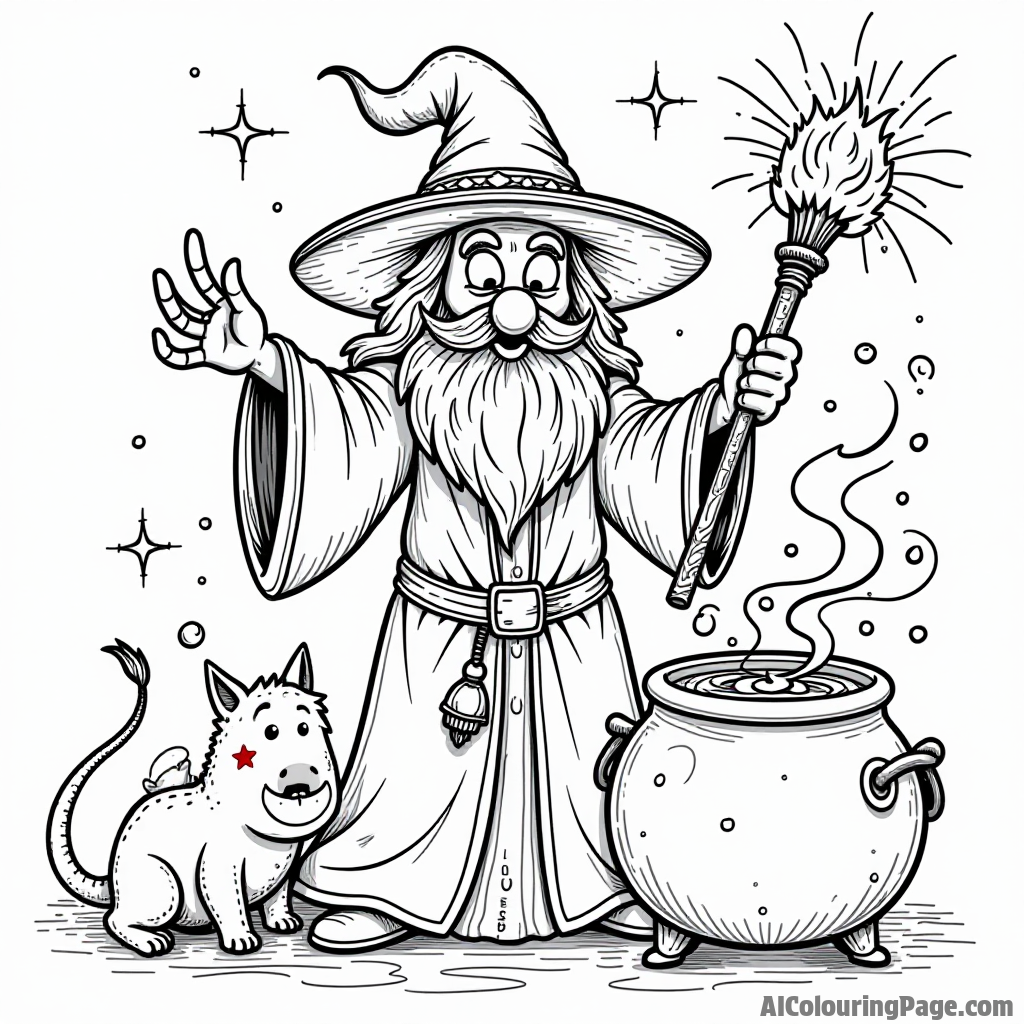 A taco wizard casting spells with a taco wand, surrounded by magical creatures and swirling potions in a cauldron.