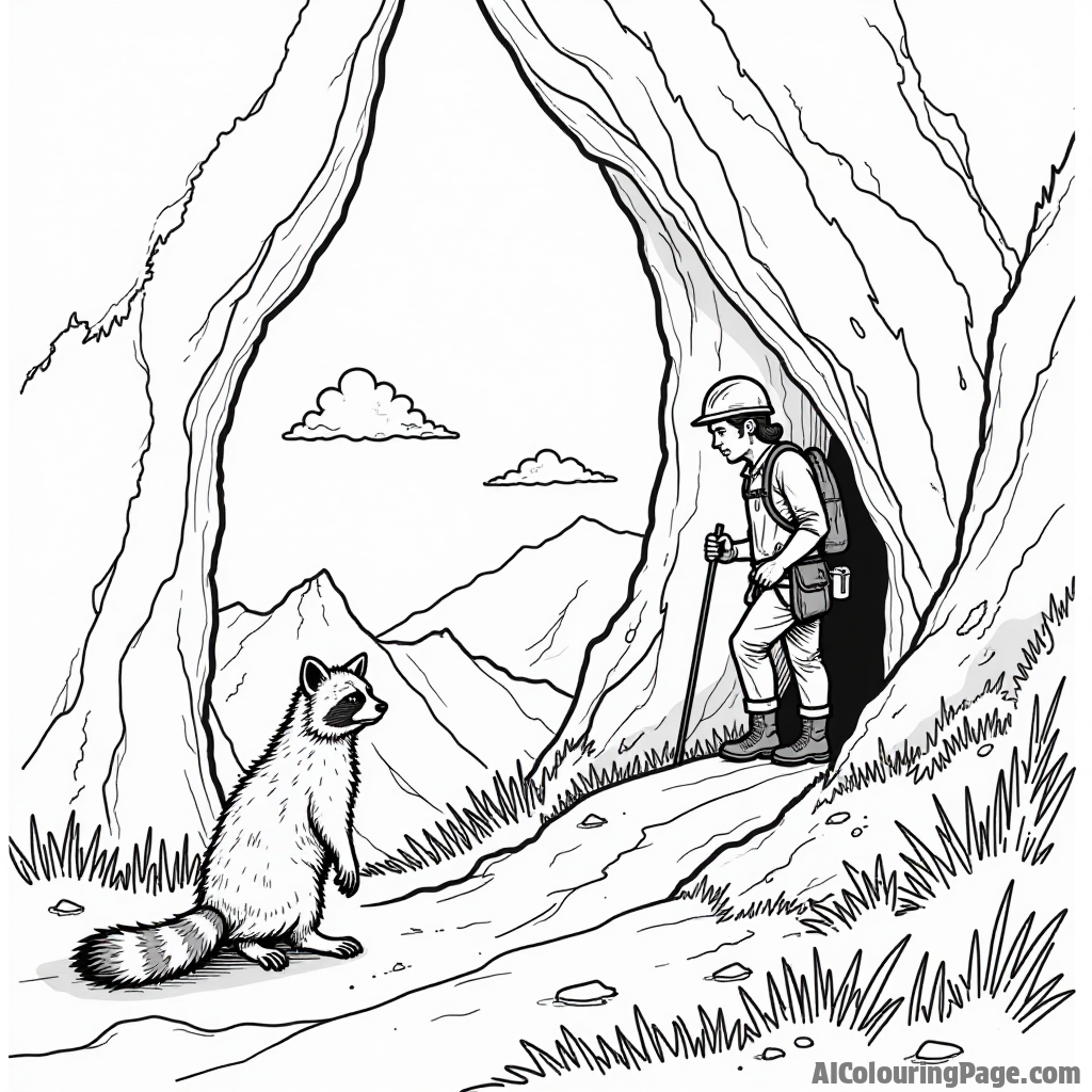 A mountain scene featuring a climber peering into a cave, with mysterious shapes and shadows inside and a curious raccoon watching from the entrance, inviting creativity in black and white.