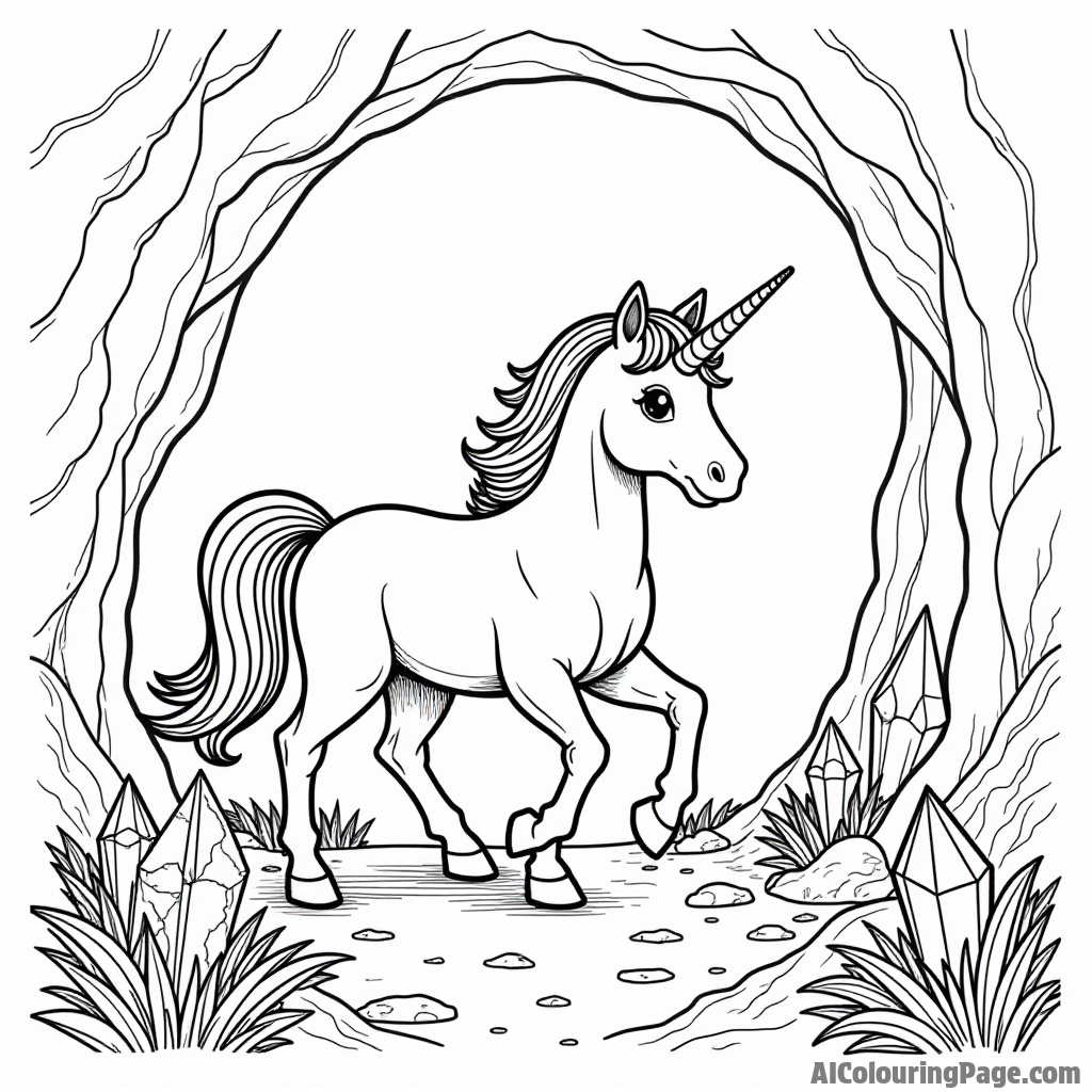 A unicorn exploring a mysterious cave with glowing crystals and hidden treasures, ideal for adventurous coloring experiences.