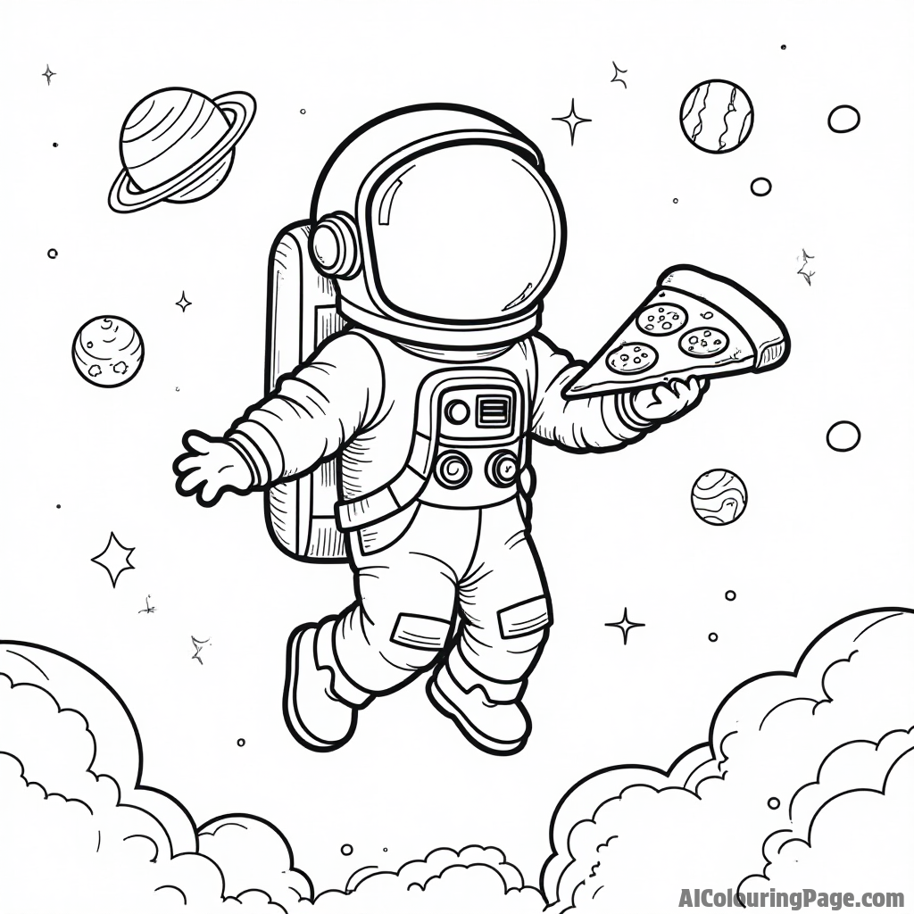 A pizza slice astronaut floating in space, with planets and stars in the background, holding a pizza in a space suit.