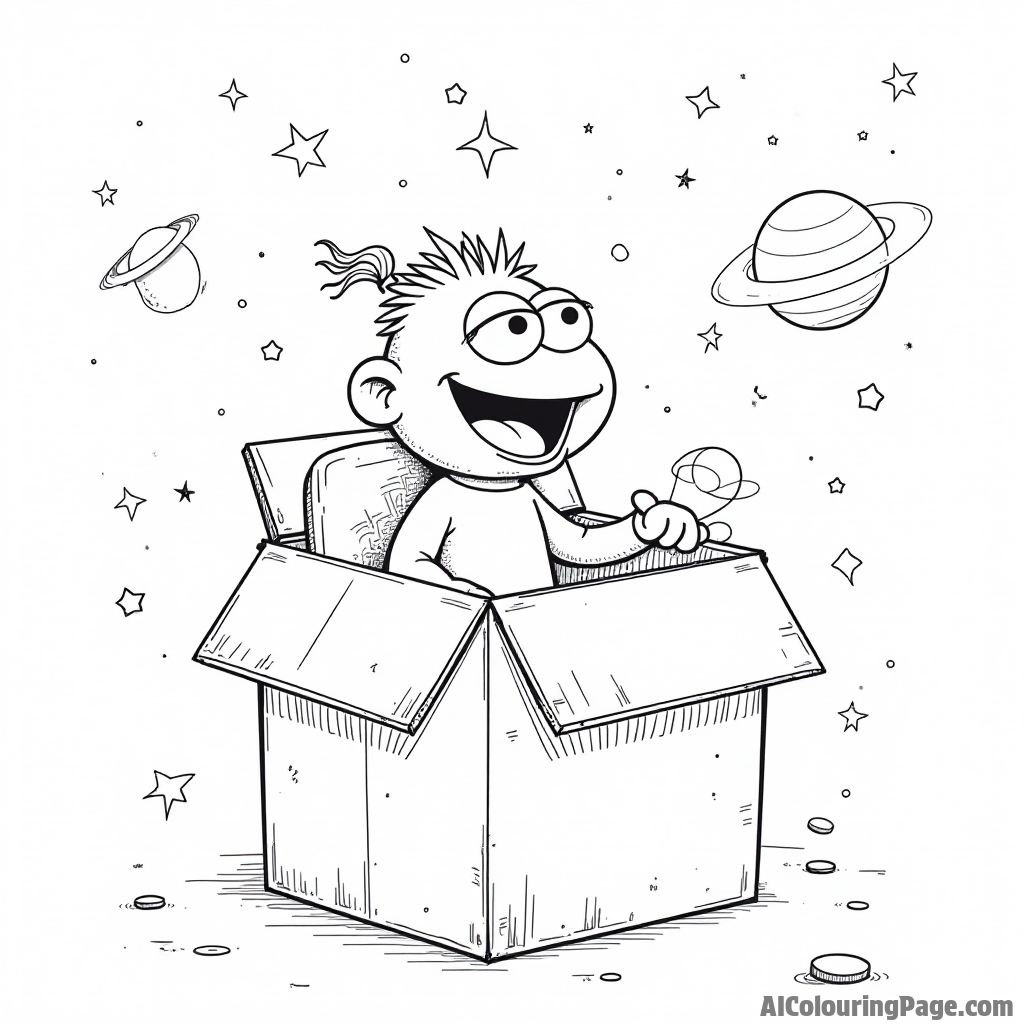 A Muppet baby playing in a cardboard box spaceship, with stars and planets drawn on the sides, imagination soaring high.