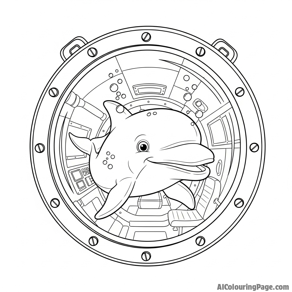 A dolphin observed through the thick glass porthole of a deep-sea submersible.