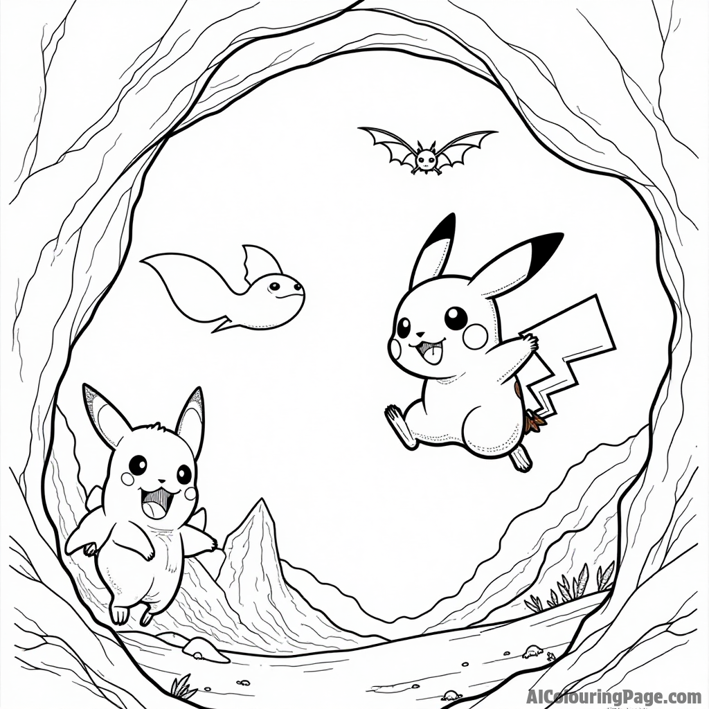 Pikachu and a friendly Zubat flying through a cave with glowing crystals and bats