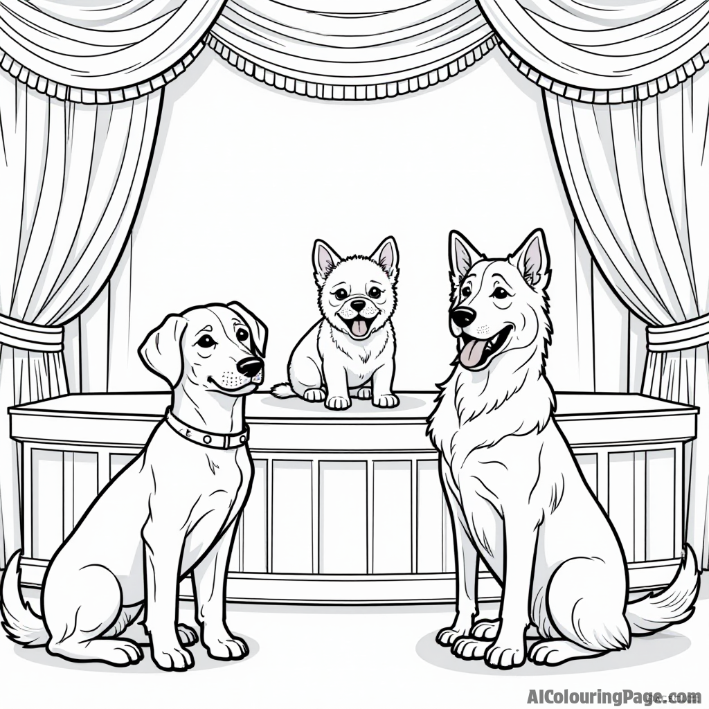 A lighthearted depiction of a presidential pet show, featuring famous pets of past presidents, with kids coloring fun breeds and a decorated stage in the background.