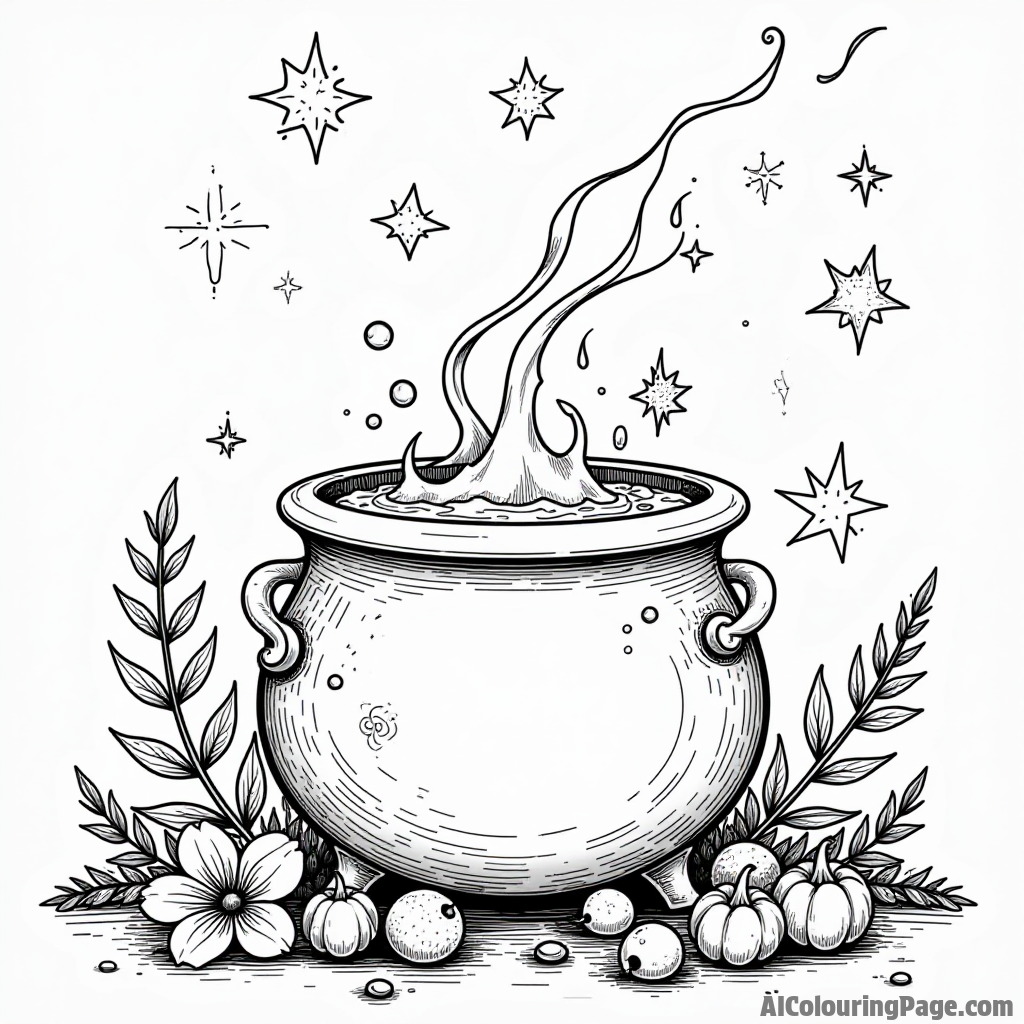 A cauldron with a bubbling potion and magical symbols floating around, surrounded by enchanted plants and herbs.