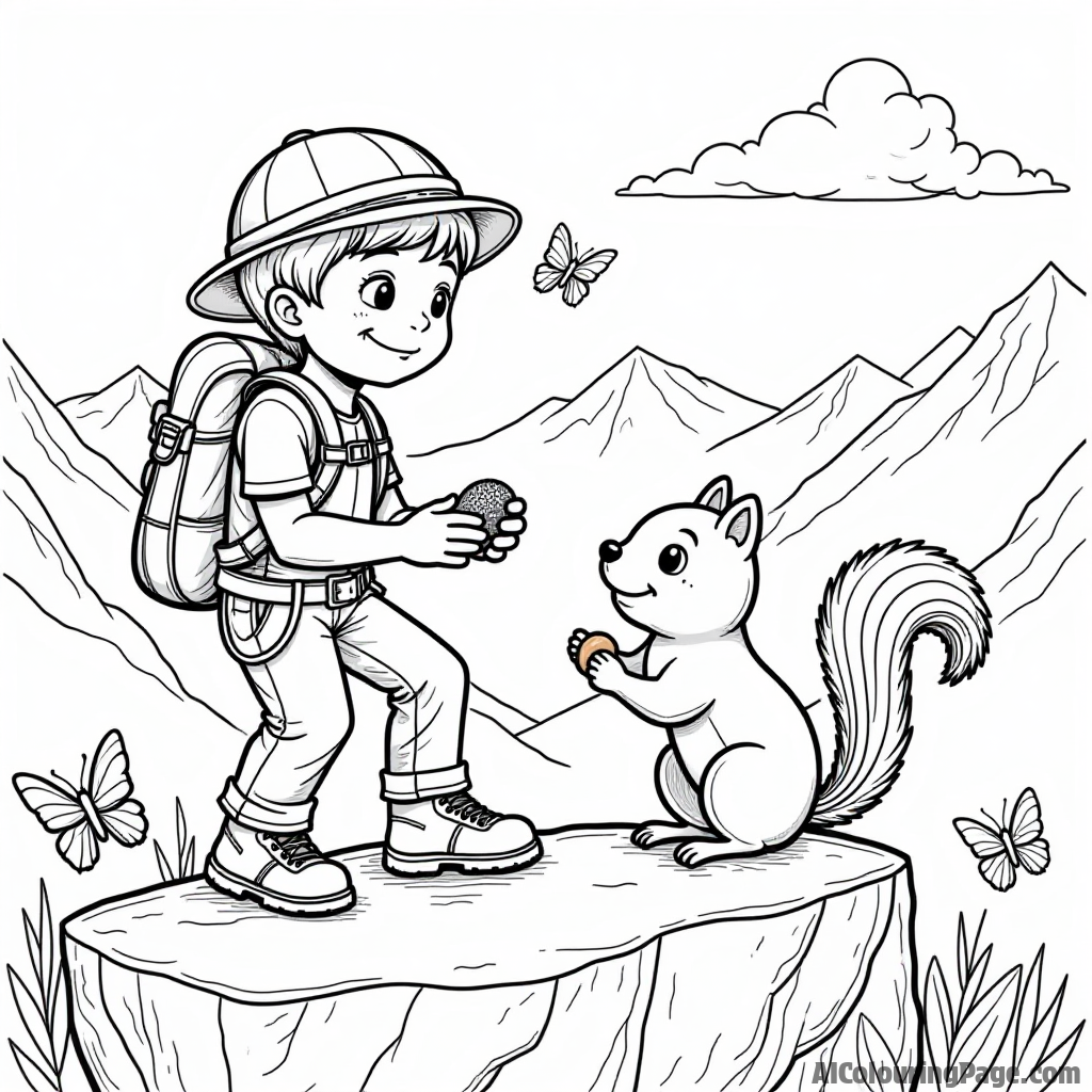 A mountain climber and a friendly squirrel sharing a snack on a rocky ledge, with butterflies fluttering around and distant peaks in the background, perfect for creative coloring.