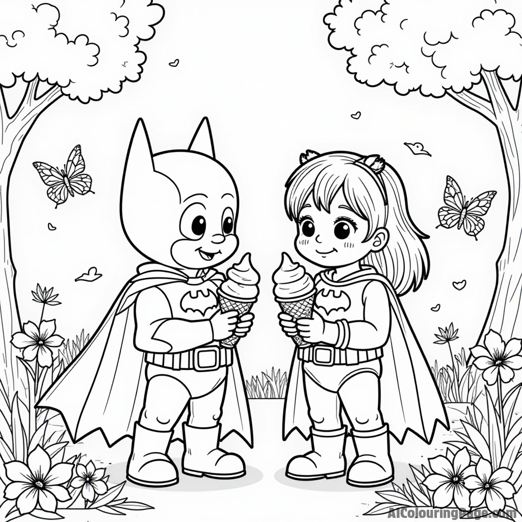 Batman and his best friend sharing ice cream cones in a sunny park, surrounded by flowers and butterflies fluttering.