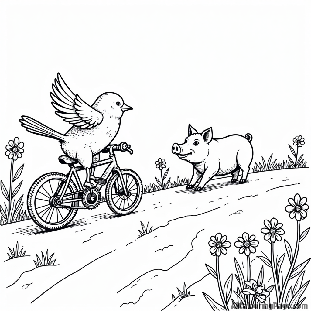 A bird riding a bicycle down a hill while a pig struggles to keep up, surrounded by flowers along the path