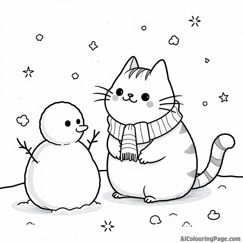 Pusheen exploring a snowy landscape with a scarf on, building a snowman and snowflakes falling gently around