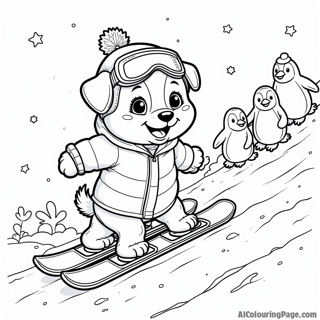 An adorable puppy wearing a ski jacket and goggles sliding down a slope, with a family of penguins watching from the side, creating a playful winter scene for kids to color.