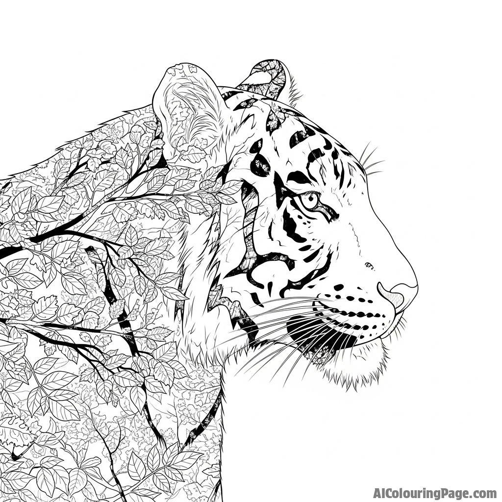 A double exposure portrait combining a tiger’s profile with a dense forest canopy.