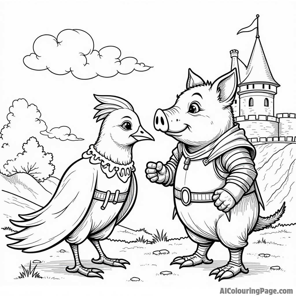 A bird dressed as a knight facing off against a pig in a suit of armor with a castle in the background