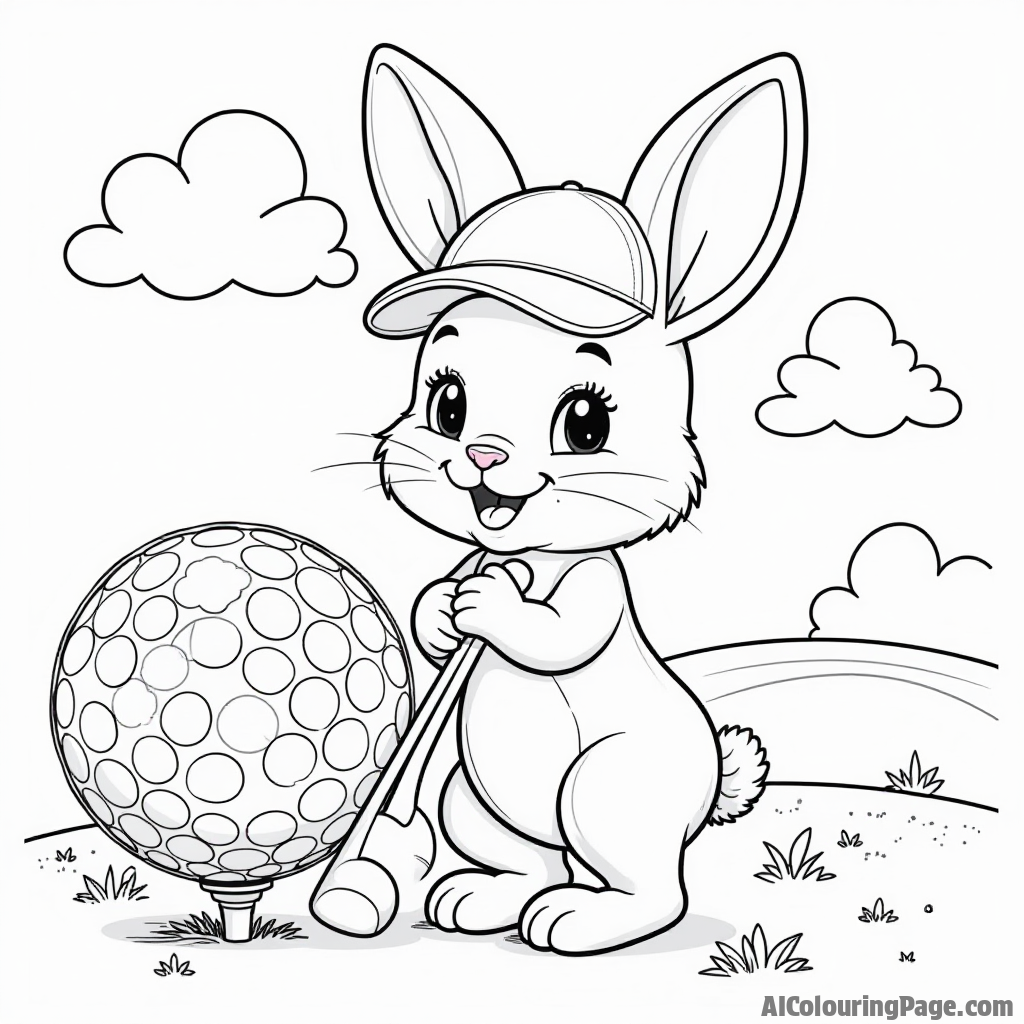 A cute rabbit wearing a golf hat, holding a club, standing beside a giant golf ball, with a sunny sky and fluffy clouds in the background for children to color.