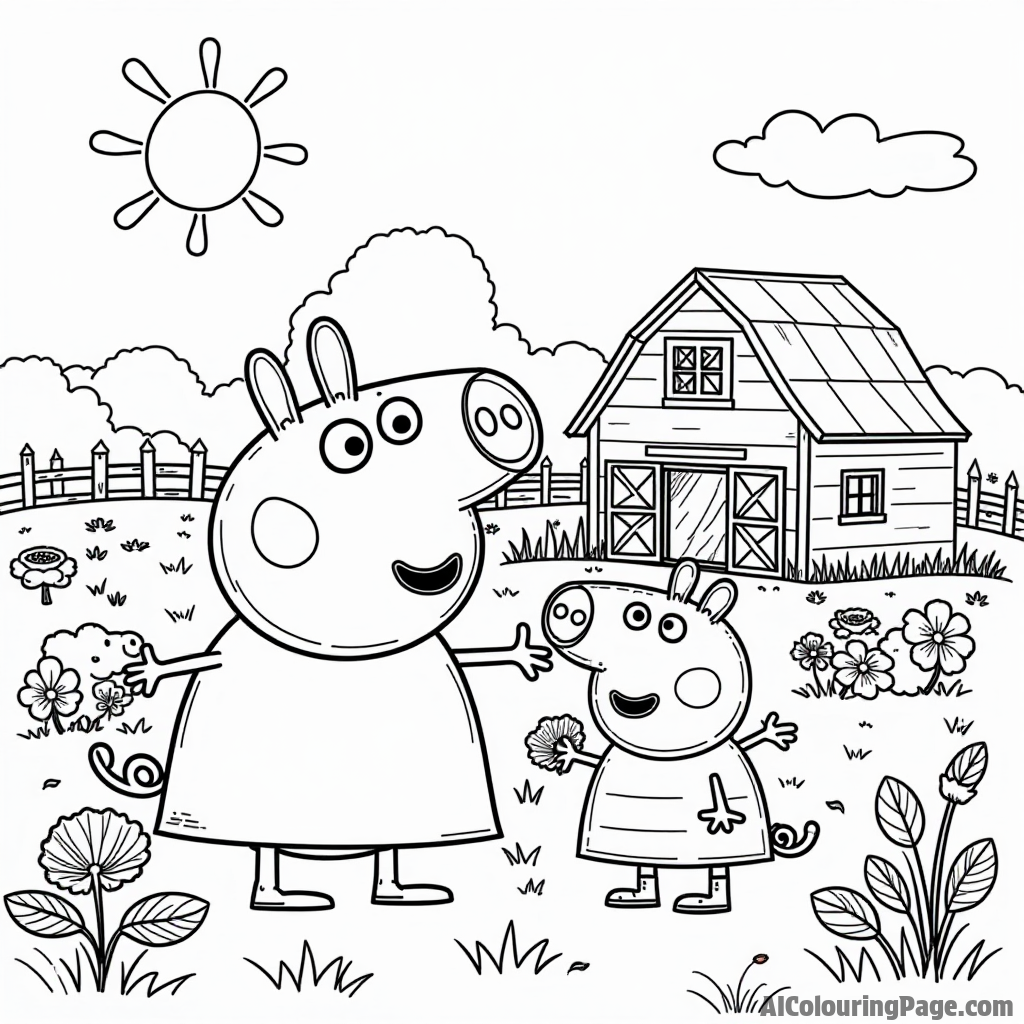 Peppa Pig and her family visiting a farm, feeding the animals, and picking fresh vegetables in the sunny fields.