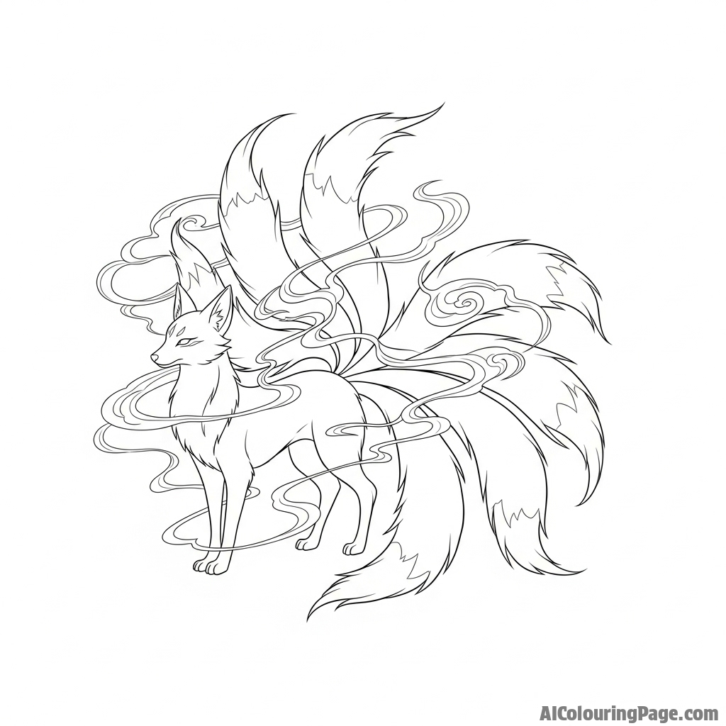 A mythical kitsune with nine flowing tails, surrounded by ethereal wisps.