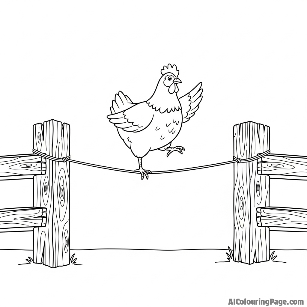 A chicken balancing on a tightrope between two fence posts.